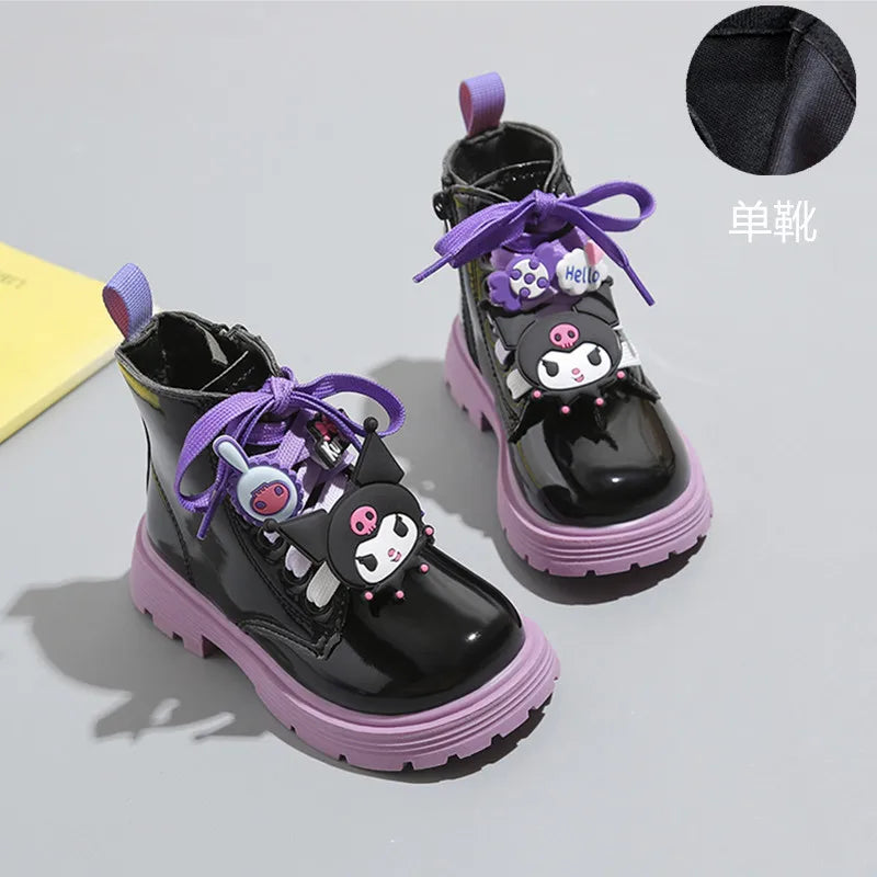 Kids'Casual Shoes Boots PU Leather Cartoon Kuromi Spring Shoes For Girls Anti-slip Lace Beige Black  Shoes Size 26-36