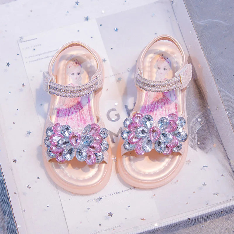 Kids' Sandals Elsa Princess Frozen PU Leather Crystal Summer Flat Shoes For Girls Breathable Anti-slip Blue Pink Size 23-33