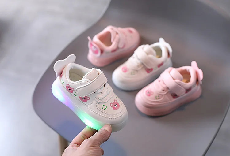 Disney LED Casual Sneakers For Spring Outdoor Cartoon Shoes Children Lighted Non-slip PU Leather Bear White Shoes Size 21-30