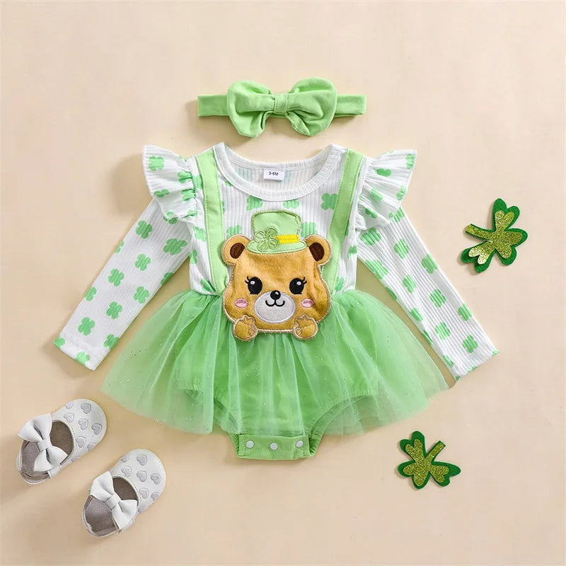 Infant Girls Floral Print Long Sleeve Romper Dress with Bear Embroidery and Matching Headband for Spring Season