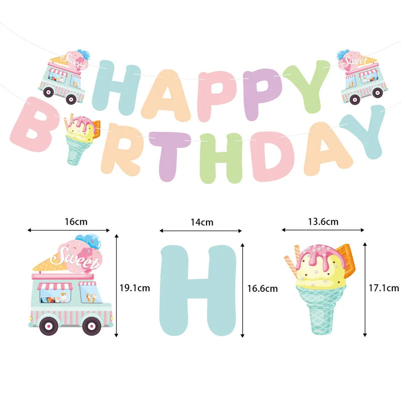 Ice Cream Happy Birthday Streamers Hot Stamping Dovetail Pull Flag Living Room Garden Mall Cafe Birthday Party Decoration Banner