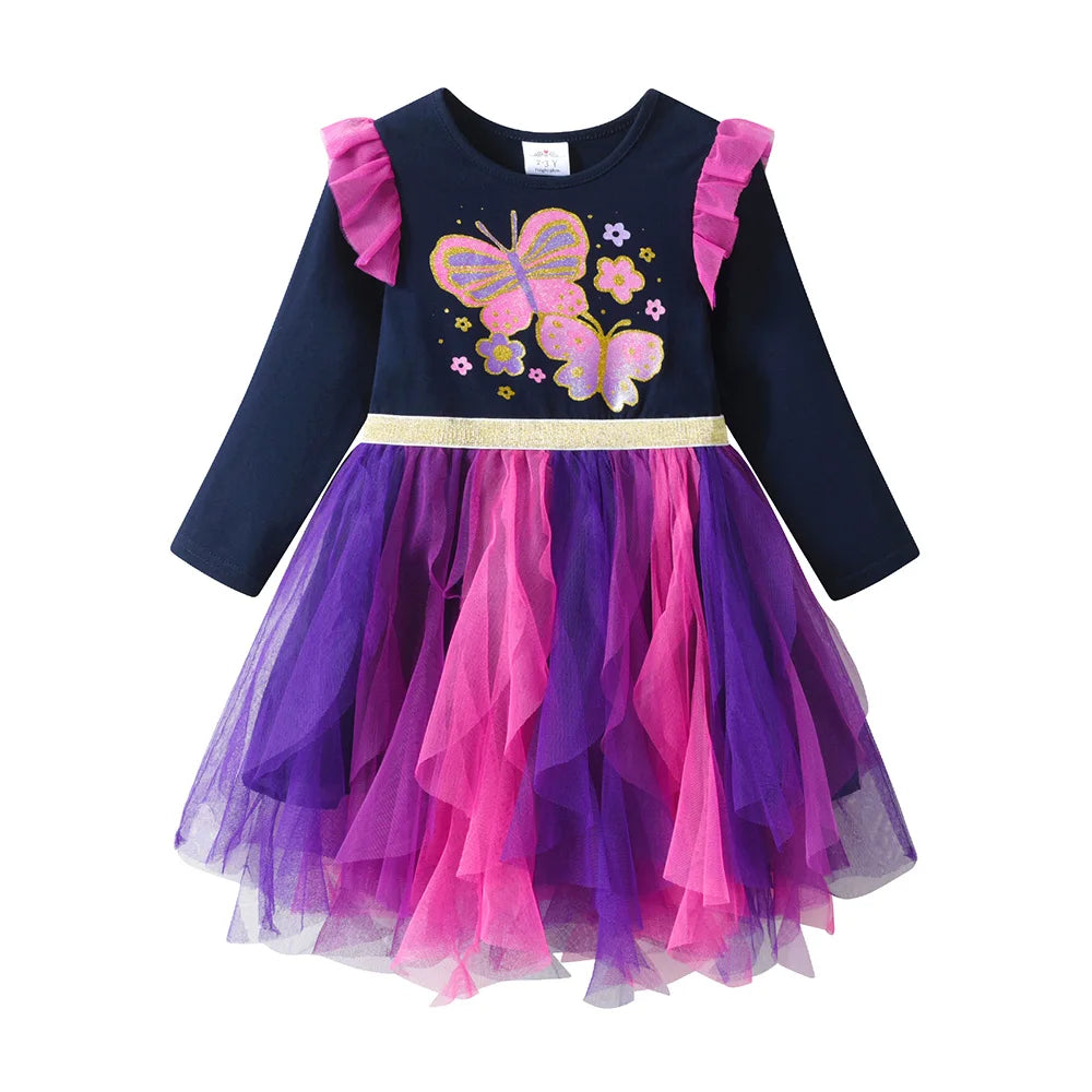 VIKITA Girls Autumn Spring Tutu Mesh Dress Kids Butterfly Flower Print Irregular Dresses Girl Birthday Party Princess Vestidos