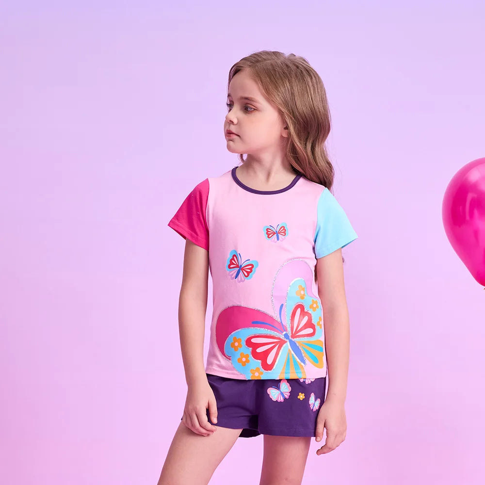 VIKITA Girls Tops and Tees for Summer Kids Butterfly Print Cartoon T Shirts Girls O Neck Short Sleeve Cotton Casual Daily Tees