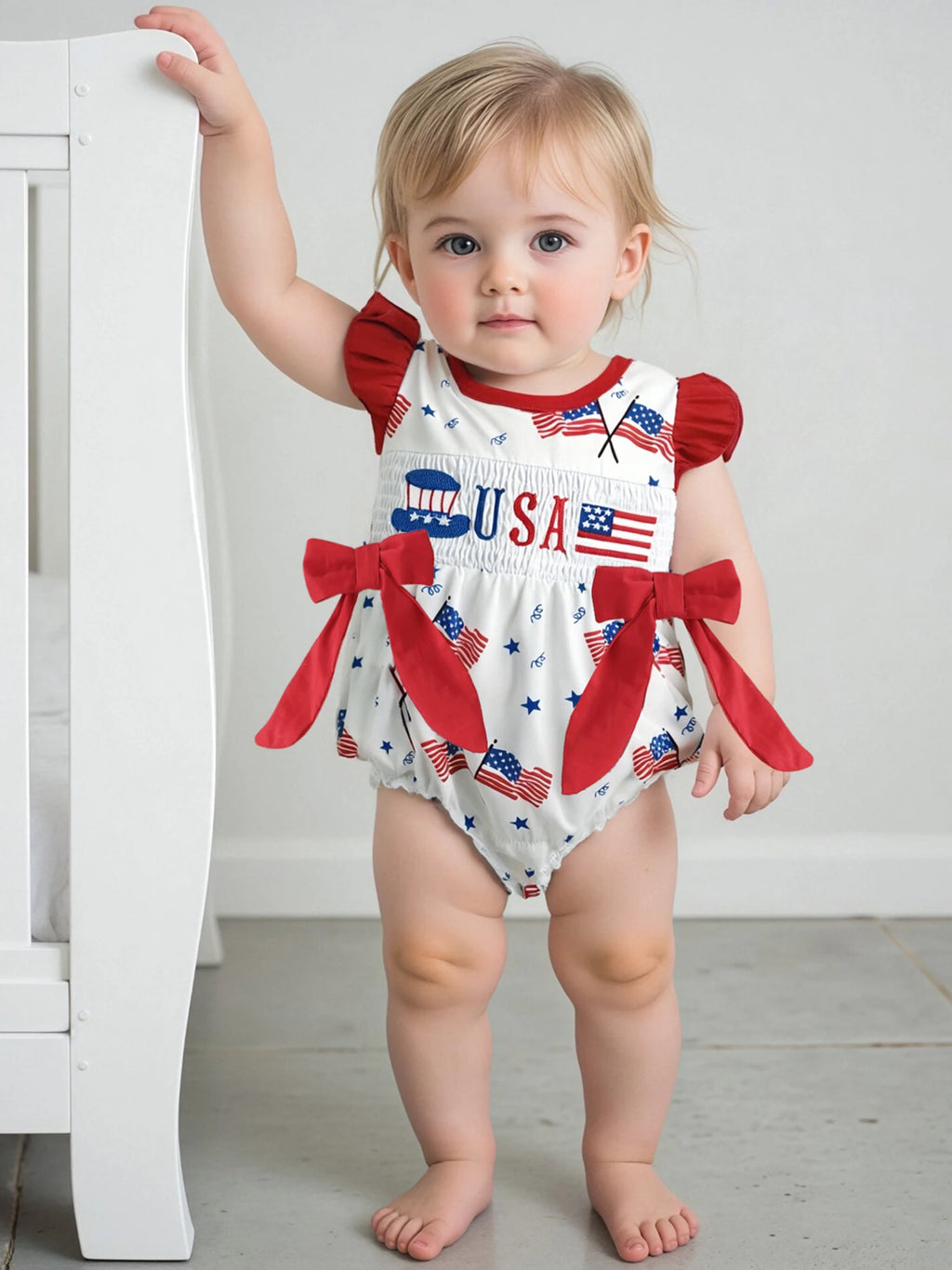 Toddler Girls Patriotic Sleeveless Romper with Ruffled Hem and American Flag Print for 4th of July Celebration