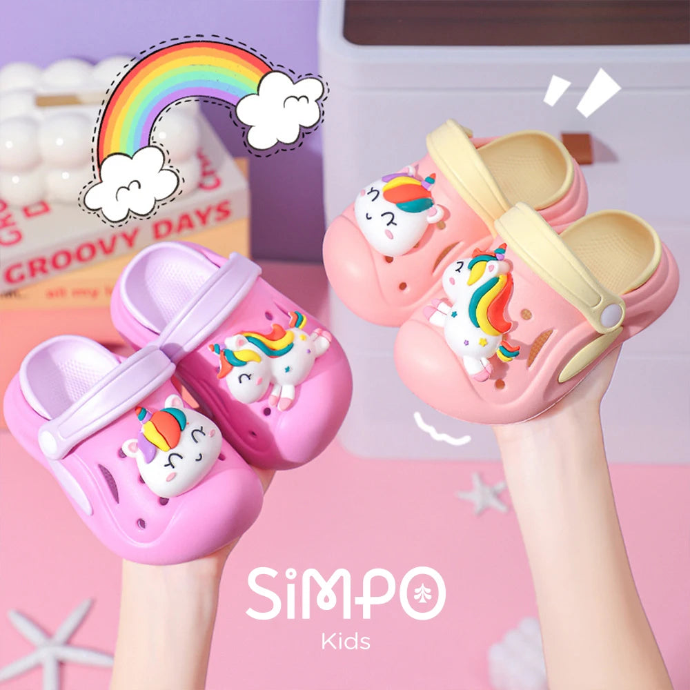 Kawaii Garden Shoes For Little Kid With Unicorn Charm Rainbow Color Girl's Clogs Outdoor Thick Sole Anti-slip Sandals Summer