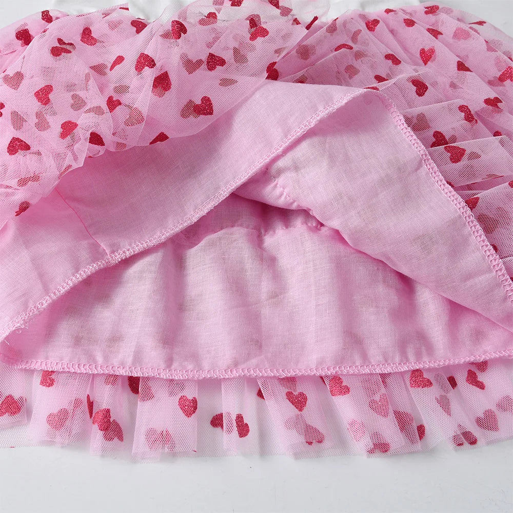 VIKITA Kids Rabbit Cartoon Print Dress Kids Heart Shape Dresses Girls Summer Flare Sleeve Vestidos Girls Layered Princess Dress