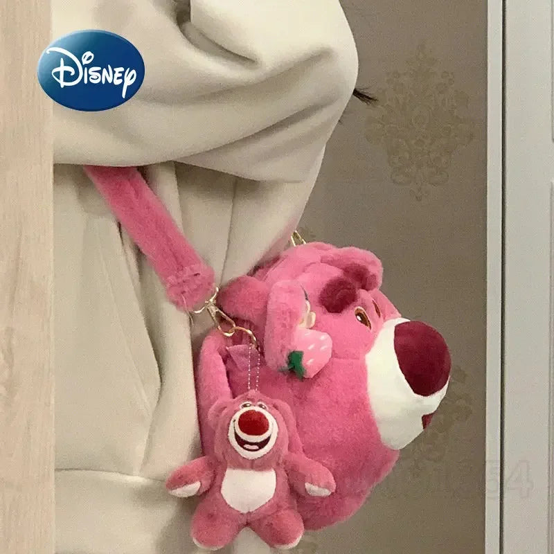 Disney Strawberry Bear New Girl Plush Shoulder Messenger Bag Cartoon Cute Girl Handbag Fashion Trend Plush Girl Bag High Quality