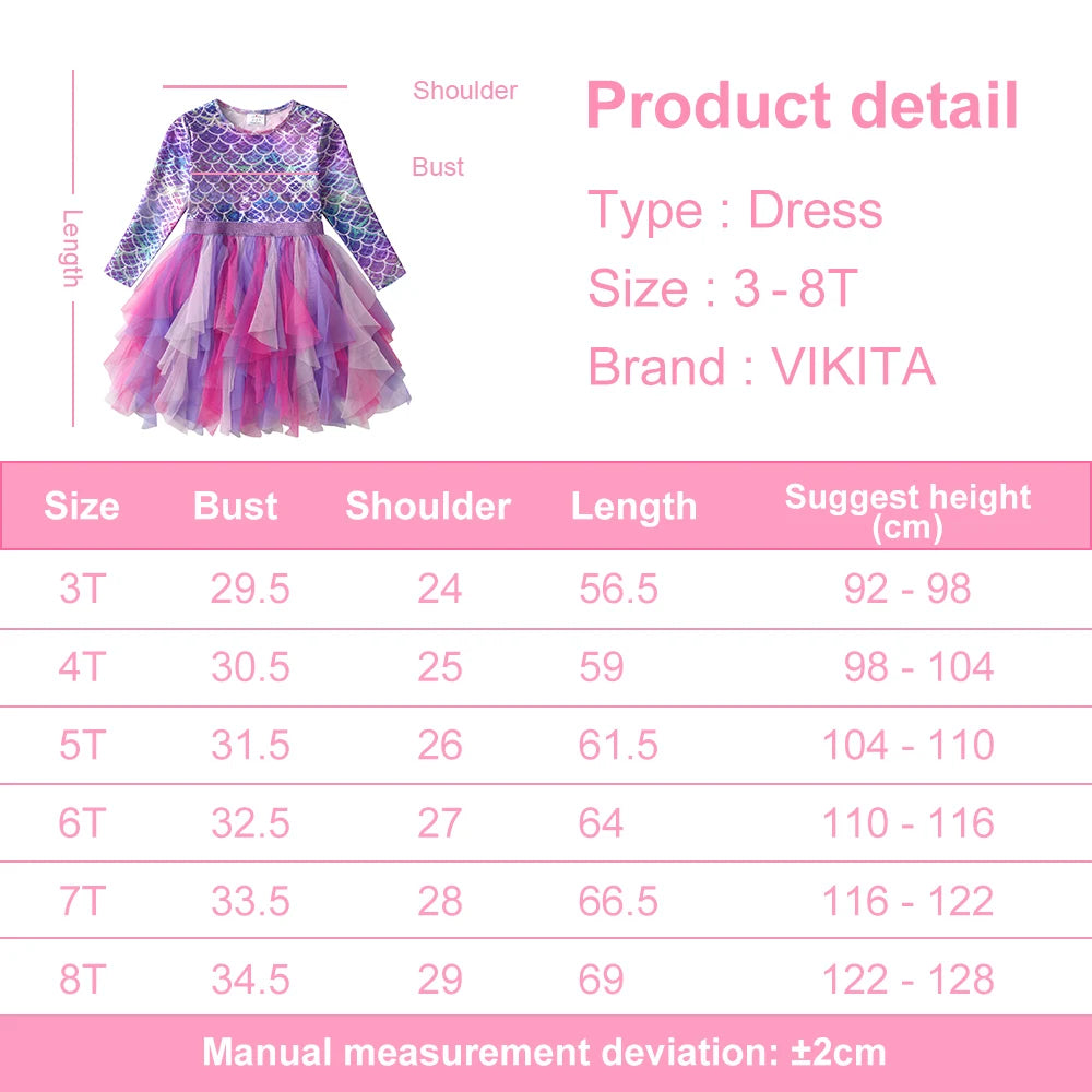 VIKITA Girls Princess Dress Long Sleeve Children Mermaid Print Dress Kids Irregular Prom Gown Tutu Girls Party Tulle Costumes