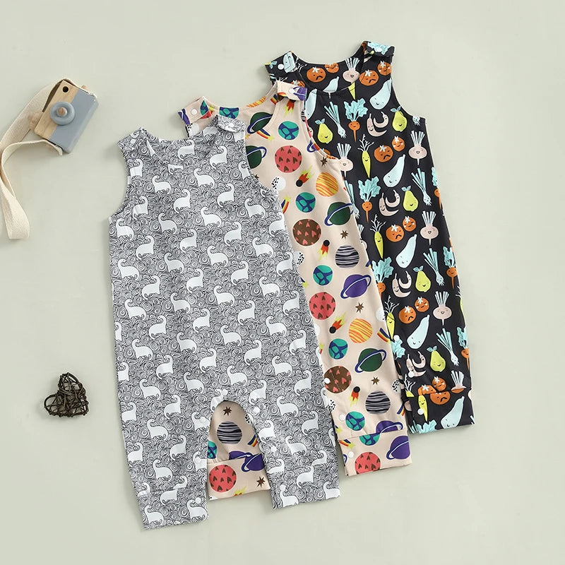 Infant Boy Romper Sleeveless Round Neck Printed Jumpsuit Toddler Playsuit Summer Outfit for Baby Boys