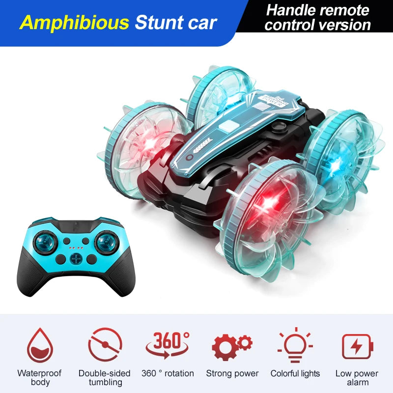 New LED Amphibious RC car Dual remote control waterproof stunt car double side flip drift drive 360 ° rotation rc cars Kids toy