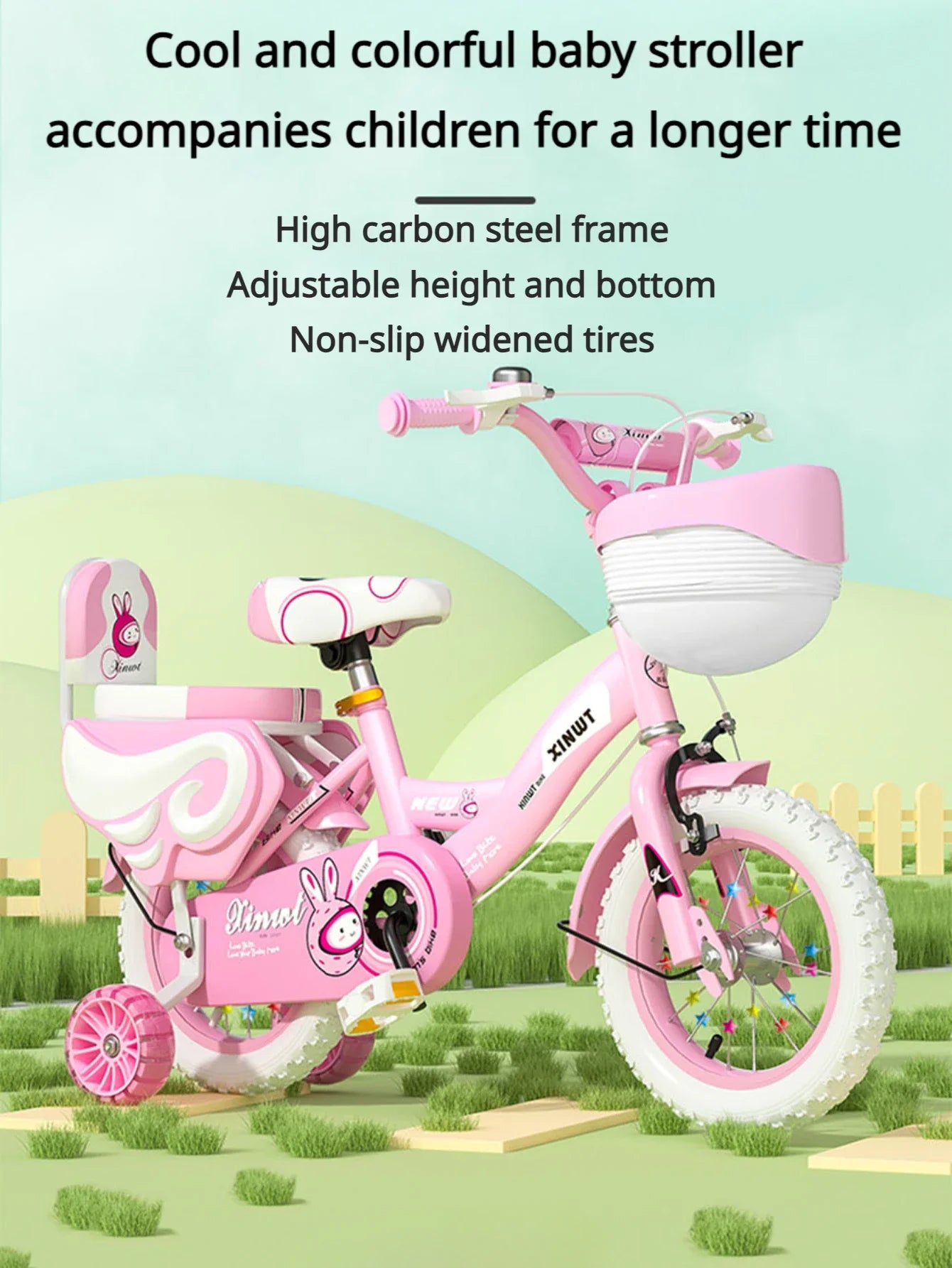 Folding Children's Bicycle Cute Cartoon Princess Girls Bike with Training Wheels Doll Seat & Basket Kids Boys Cycle Bikes (Pink)
