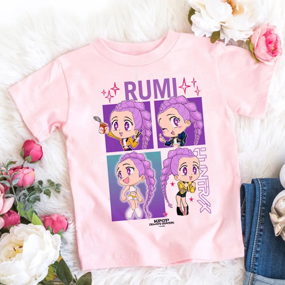 2025 New KPop Demon Hunters Child Short Sleeve T-shirt Anime Character Print Tees Boys Girls Summer Casual Tops Birthday Gift