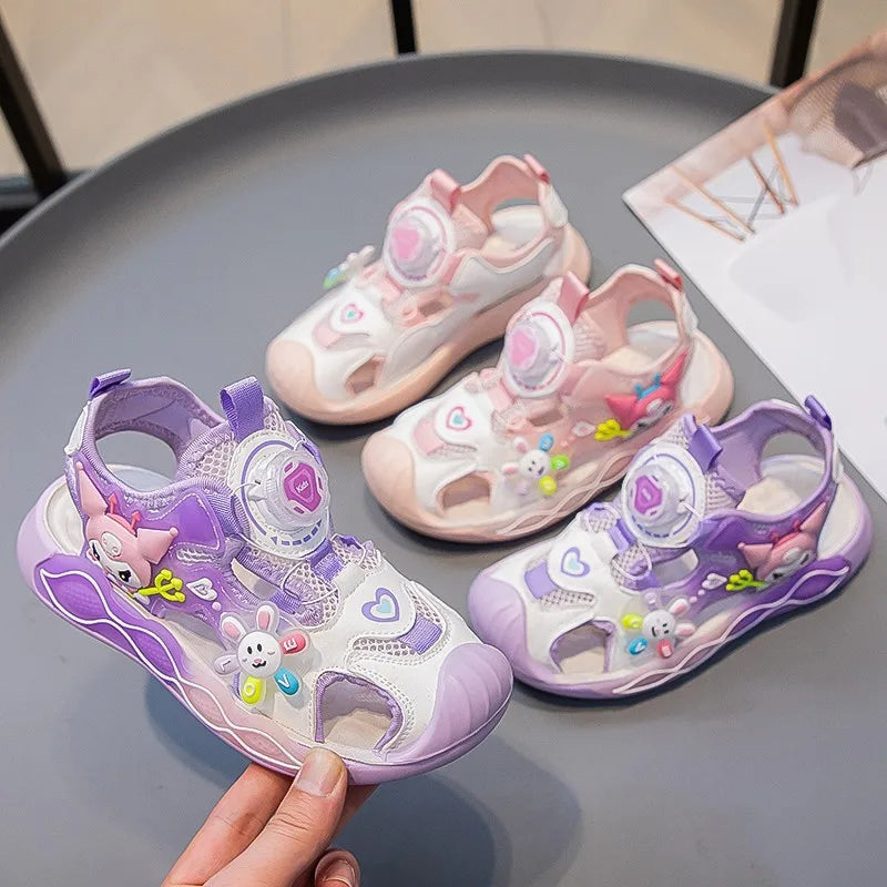Sandals Girls Cartoon PU Leather Summer Fashion Outdoor Flat Bottom Breathable Anti-slip Pink Purple Size 26-37