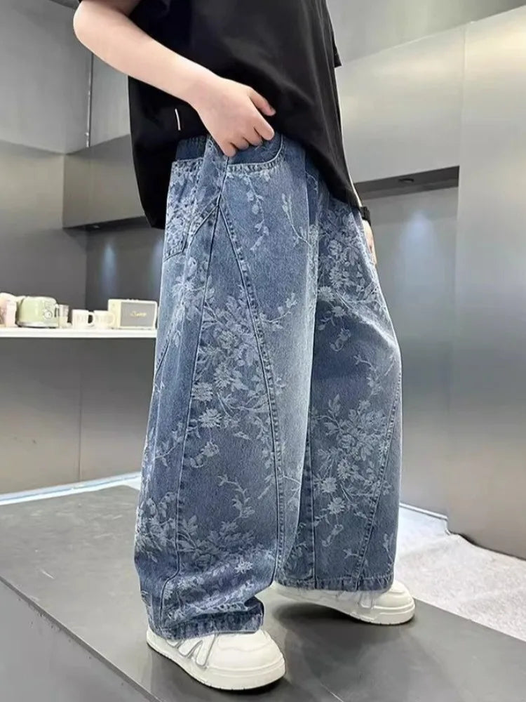 Kids' Casual Wide-Leg Jeans with Jacquard Print - Boys & Girls Big Kids Comfort Fit Spring Autumn Pants