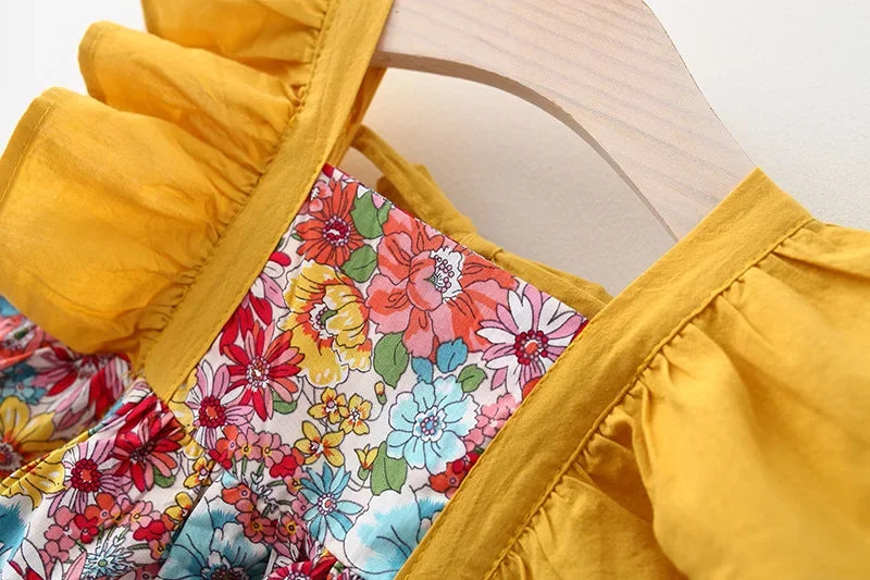 New Summer Baby Girls Dress Floral Print Full Print Sweet Princess Dress Bow Ribbon Small Flying Sleeves + Hat (0-3 Years)