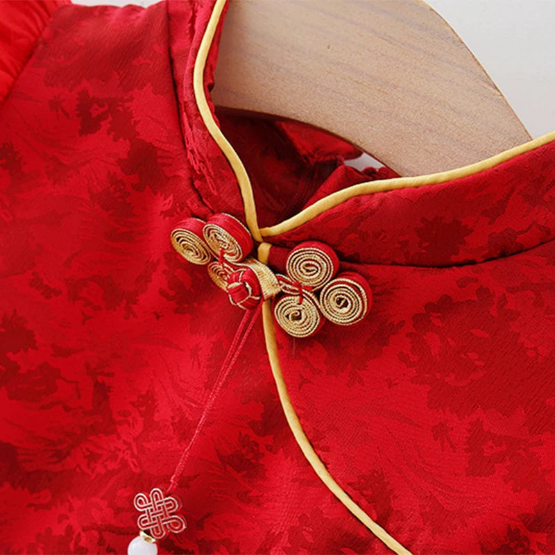 Summer New Chinese Retro Style Baby Girl Dress, Red Spring Festival Party Children'S Clothes Comes With Pendant (0 -3 Years）