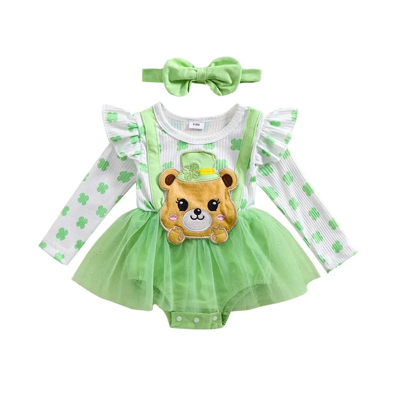 Infant Girls Floral Print Long Sleeve Romper Dress with Bear Embroidery and Matching Headband for Spring Season