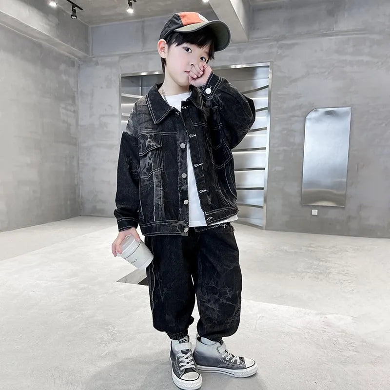 2025 New Boys' Medium & Large Size Denim 2-Piece Set Stylish Korean Trendy Spring Autumn Outfit