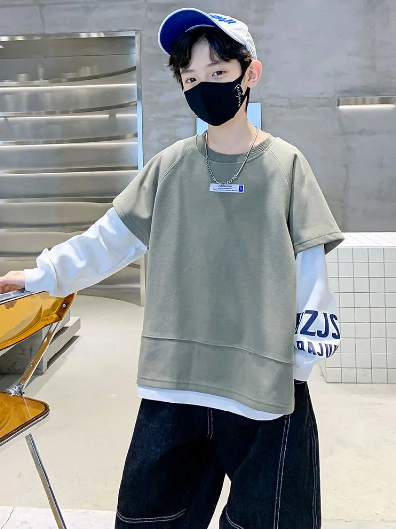 Fake Two Pieces Top Clothes for Children Kids T-shirts Children's Clothing Boys Spring Autumn Oversized T-shirt Boys' Outdoor