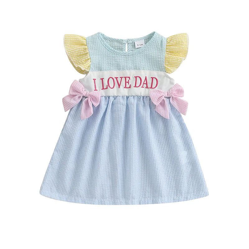 Adorable Infant Girl Sleeveless Dress with Cute Bow Accents Embroidered Letters Striped Design and Ruffled Trim
