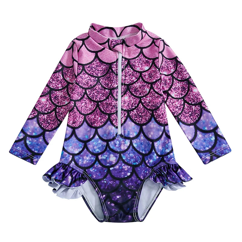 Mermaid Print  Swimsuit with Zipper Closure and Ruffled Mock Neck for Toddler Girls - UV Protection Rash Guard Bathing