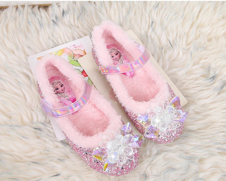 Disney Girls' Plush Slippers Frozen Cute Children's Princess Elsa Winter Cotton Slippers Baby Snow Home Pink Blue Shoes Size 23