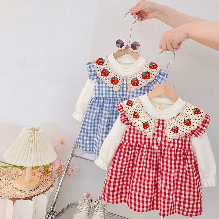 Autumn New Cute Strawberry Collar Baby Girl Dress, Plaid Long Sleeved Children'S Clothing For Babies Aged 6 Months To 3 Years