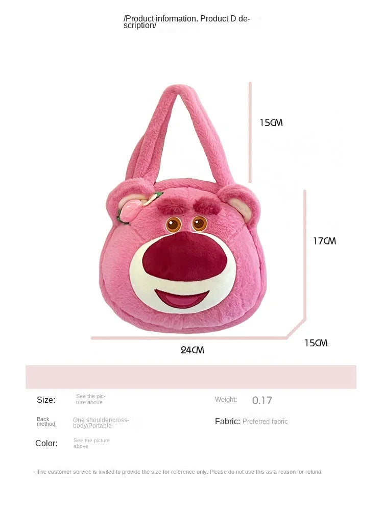 Disney Strawberry Bear New Girl Plush Shoulder Messenger Bag Cartoon Cute Girl Handbag Fashion Trend Plush Girl Bag High Quality