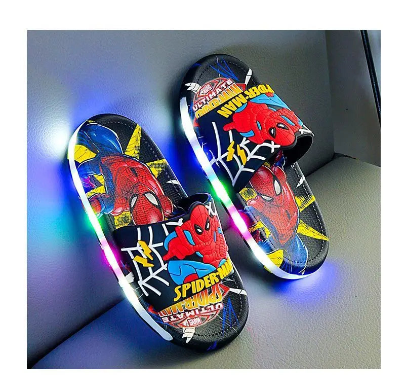 Disney Spider-Man Children's Slippers Non-slip Cartoon Light Soft Soled Slippers For Boys LED Light Luminous Children's Summer S