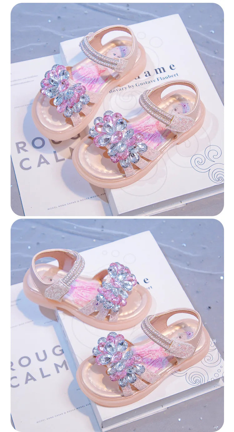 Kids' Sandals Elsa Princess Frozen PU Leather Crystal Summer Flat Shoes For Girls Breathable Anti-slip Blue Pink Size 23-33