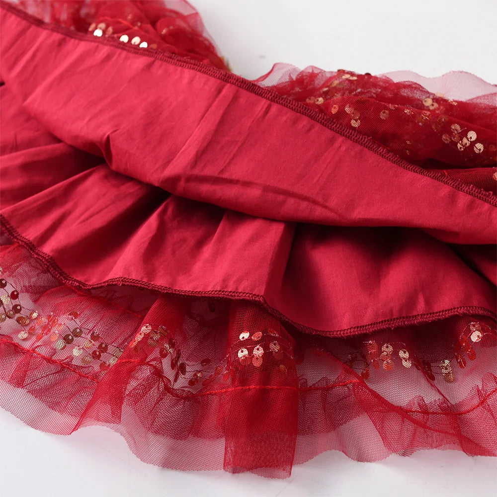 VIKITA Kids New Year Christmas Festival Red Sequined Skirts Girls Layered Mesh Tulle Tutu Cake Princess Mini Skirts Kids Clothes
