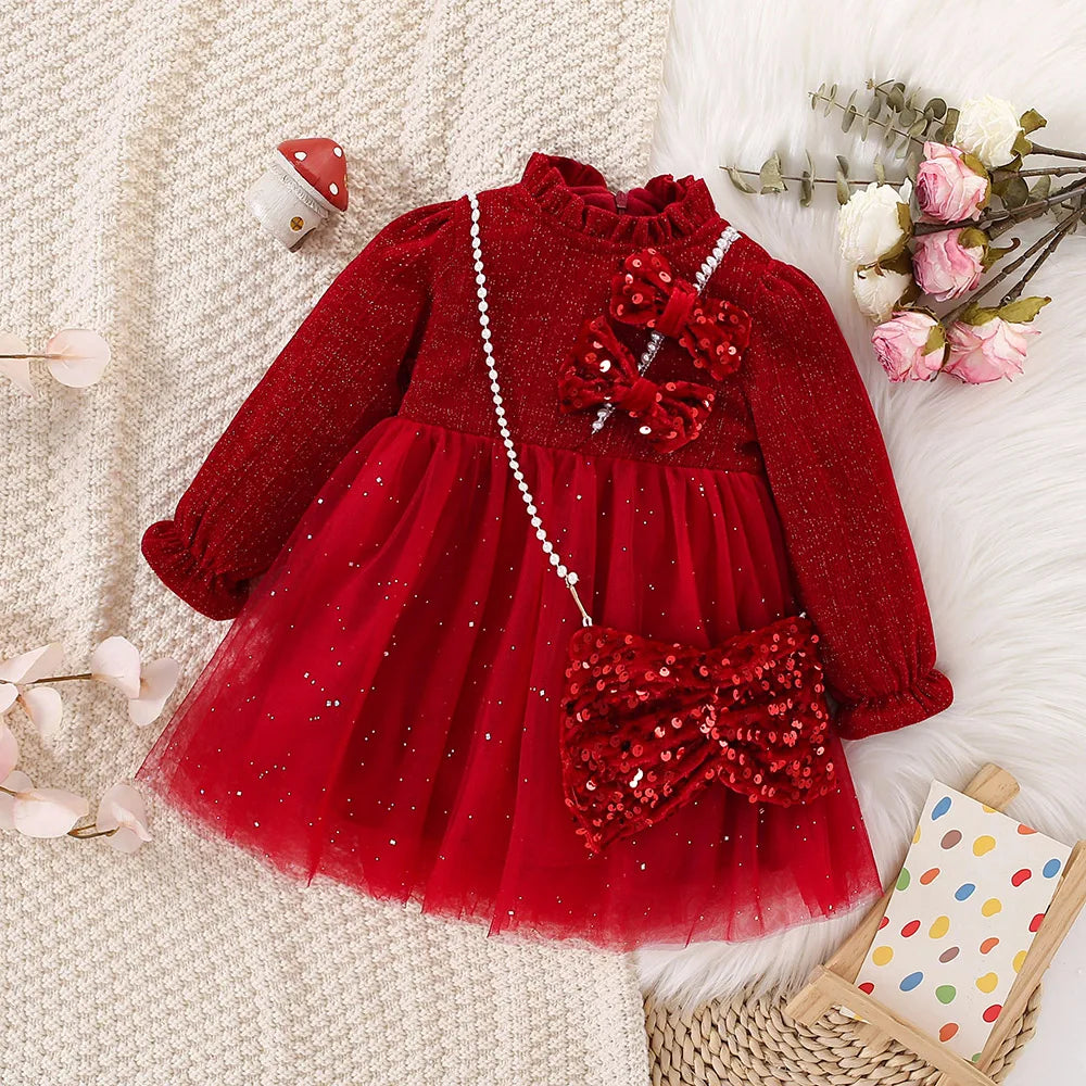 Autumn And Winter New Red Sequin Bow Baby Girl Dress, Princess Style Children'S Clothing With Free Sequin Pendant (0-3 Years)