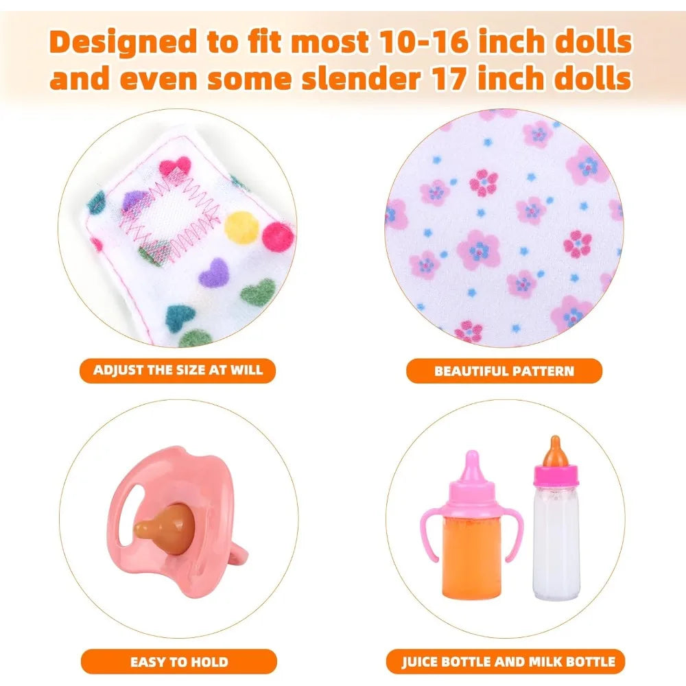 Baby Doll Accessories Set 7PCS Feeding & Caring Set with Magic Bottles Pacifier Diapers Bibs Doll Pretend Play Gift for Kids
