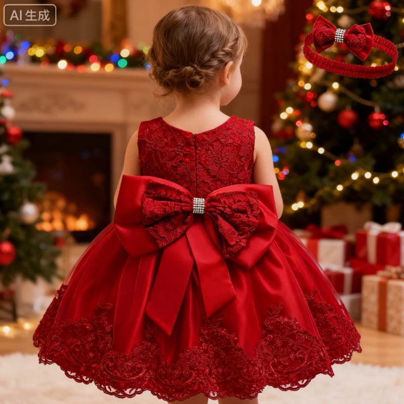 New Year Dress For Girls White Bridesmaid Dresses For Wedding Prom Gown Big Bow Girls Elegant Dresses Red Puffy Christmas Dress