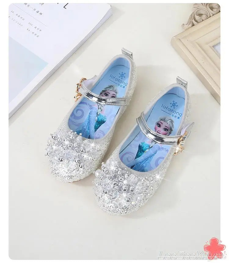 Disney Girls Princess Shoes Soft Sole Little Girl Frozen Children Crystal Casual Shoes Flat Leather Show Dance Shoes Size 22-36