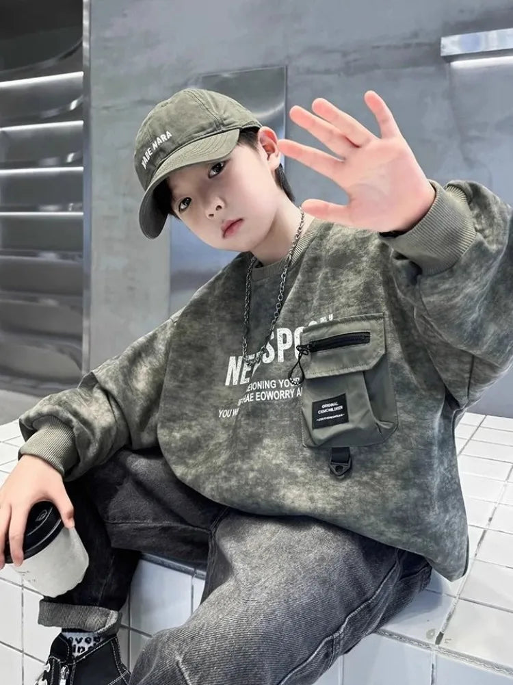 Boys' Middle/Big Kids 2025 New Spring/Autumn Long Sleeve Korean Style Edgy Loose Fit Sweatshirt Tops
