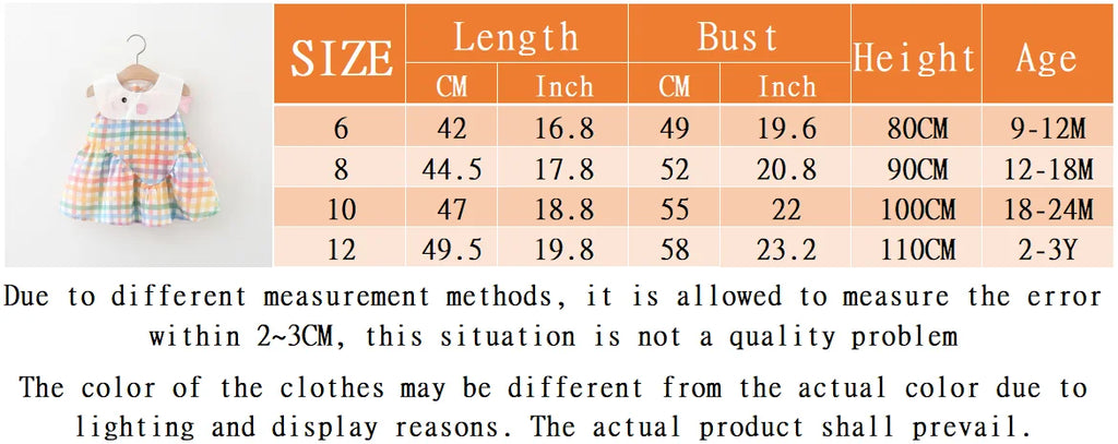 Summer New Cute Colorful Checkered Baby Girl Dress, White Collar Children'S Sleeveless Clothes (9 Months -3 Years Old)