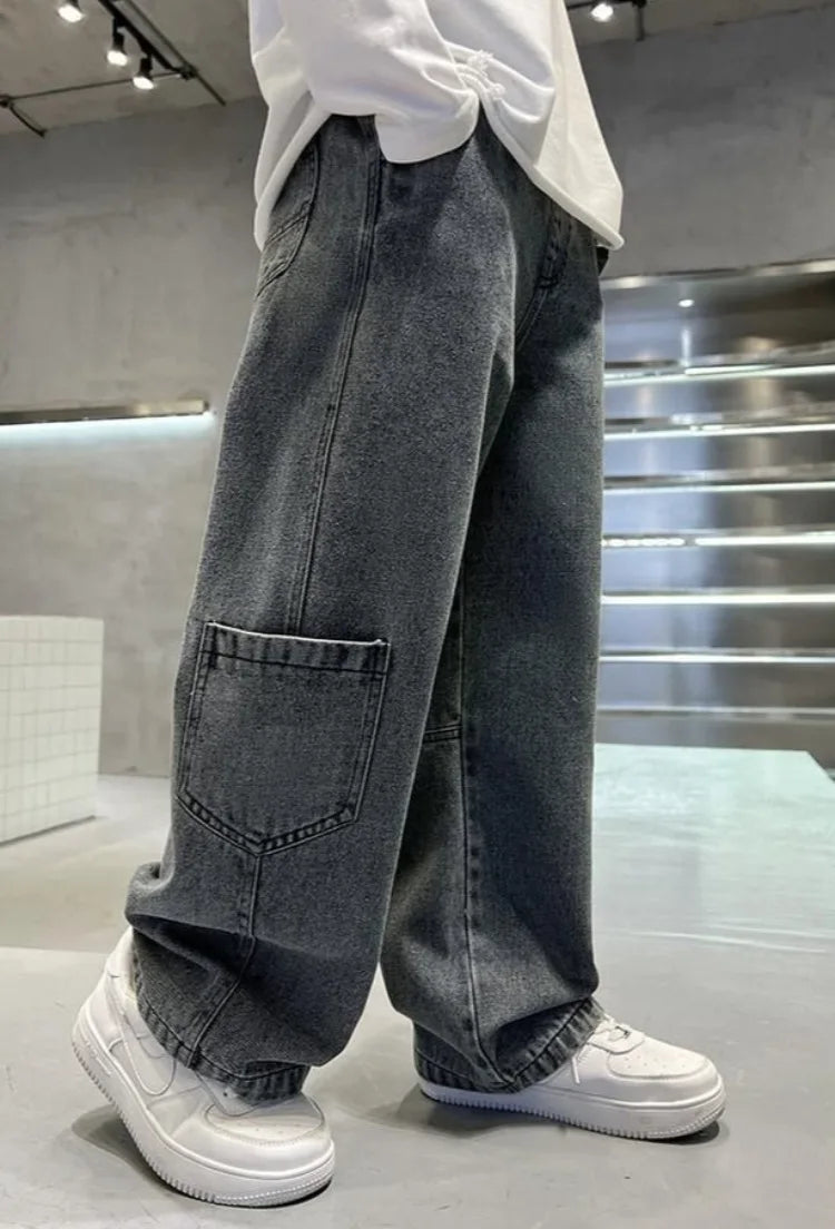 2025 Spring Boys' Wide-Leg Jeans Loose-Fit Trendy Streetwear for Kids Ages 8-14