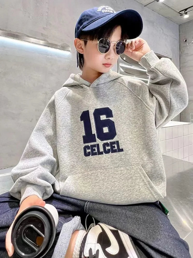 2025 Autumn Winter New Boys Mid-Large Size Fleece-Lined Hooded Sweatshirt - Stylish Boys Outerwear