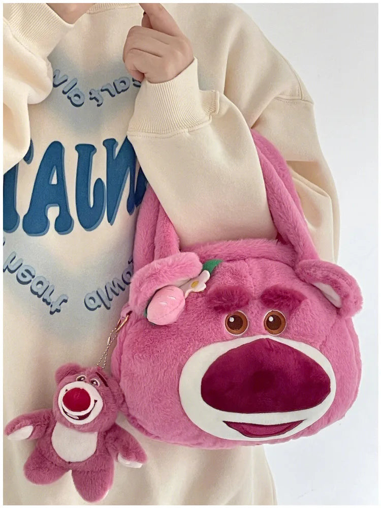 Disney Strawberry Bear New Girl Plush Shoulder Messenger Bag Cartoon Cute Girl Handbag Fashion Trend Plush Girl Bag High Quality