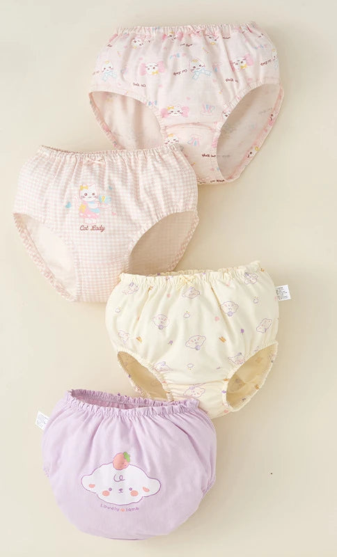 4PCS Cotton Soft Antibacterial Briefs for Girls Breathable Comfort Panties 3+y Young Children Clothing Kids Cute Print Underwear