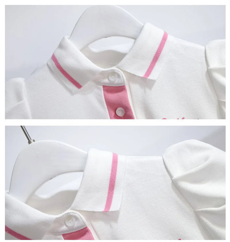 4-9Years Children Summer Dress Turn-Down Collar Girls Short Sleeve Solid Color Letter School Style Fashion Kid Dress