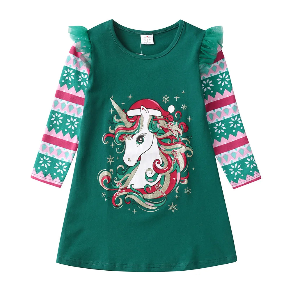 VIKITA Christmas Unicorn Snowflake Print Dress for Girls Kids Green Cotton Festival Xmas New Year Party Dresses Gift Costumes