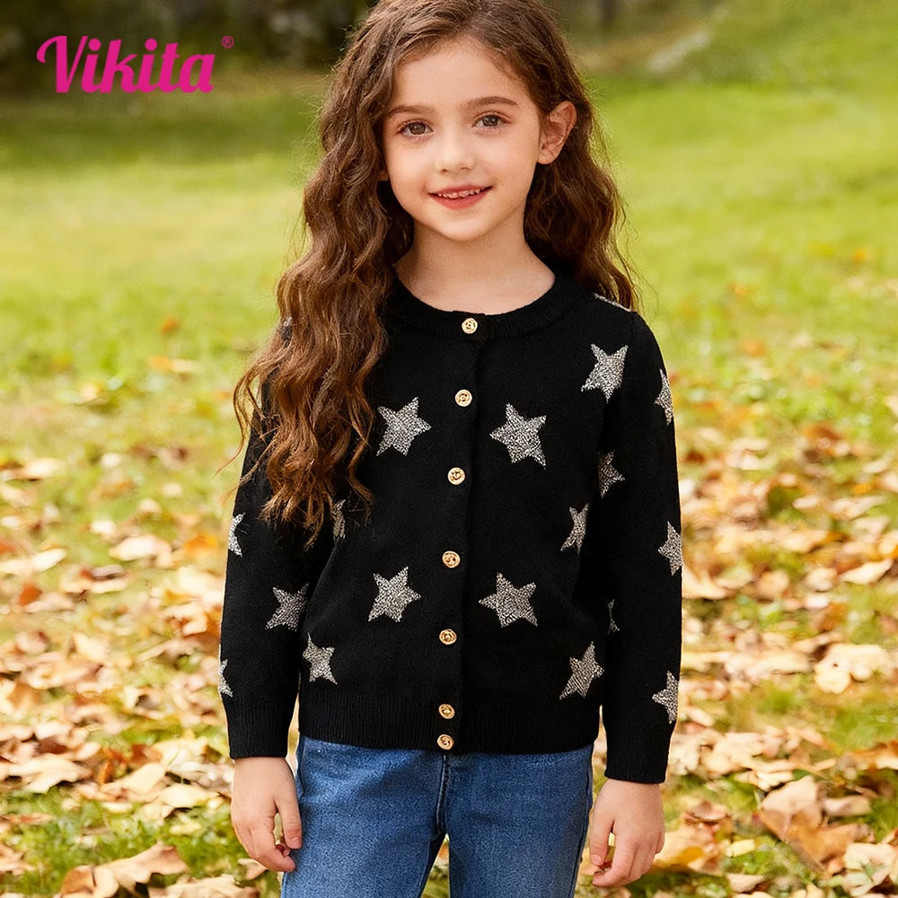VIKITA Toddlers Silver Star Cardigans Kids Round Neck Button Sparkly Casual Daily School Street Cool Black Sweaters Outfits
