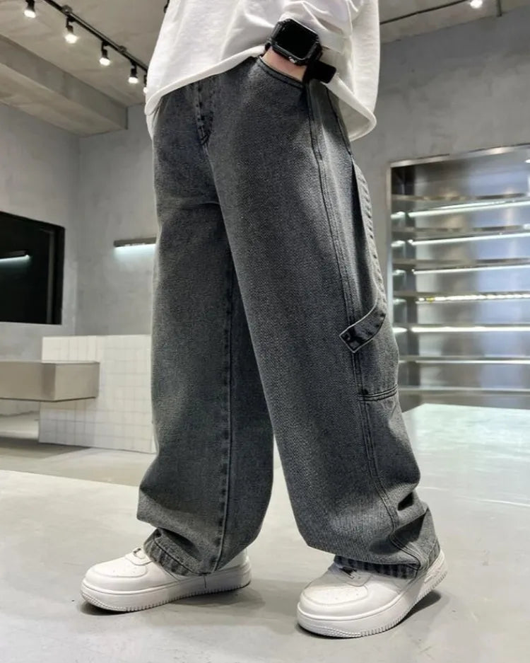 2025 Spring Boys' Wide-Leg Jeans Loose-Fit Trendy Streetwear for Kids Ages 8-14