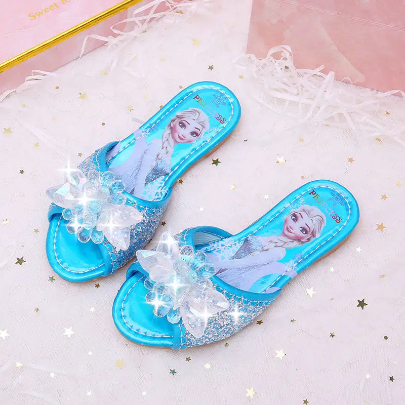 Disney Children's Sandals Frozen Slippers Fashion Elsa Princess Shoes Crystal Flowers Non-slip Blue Pink Silver Girls' Sandals