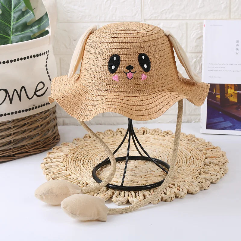 Kids Baby Bunny Hat with Moving Ears Rabbit Straw Hat Jumping Ear Funny Cap Wide Brim Sun Protection Hat Boys Girls Outdoor
