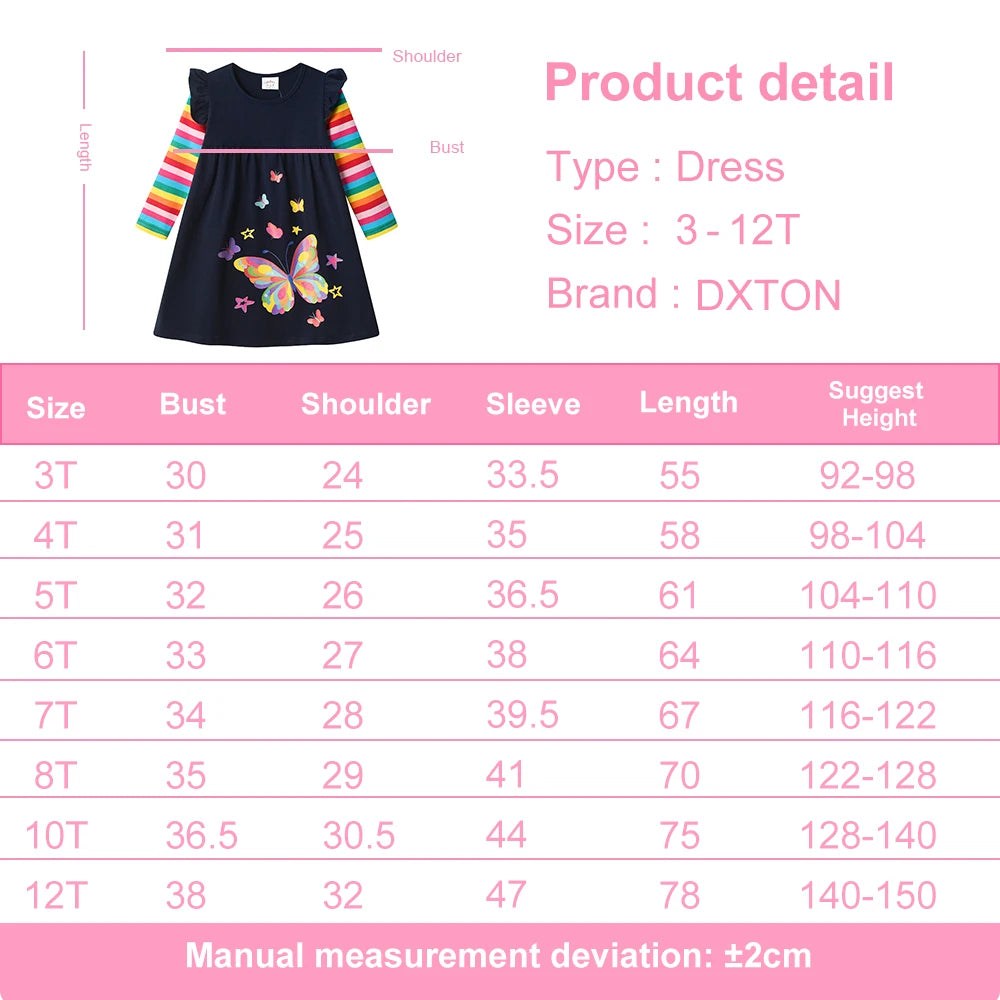 DXTON Children's Daily Dresses Cotton Toddler Casual Clothing Rainbow Long Sleeve Kids Dress Butterfly Vacation Girls Dress Wear