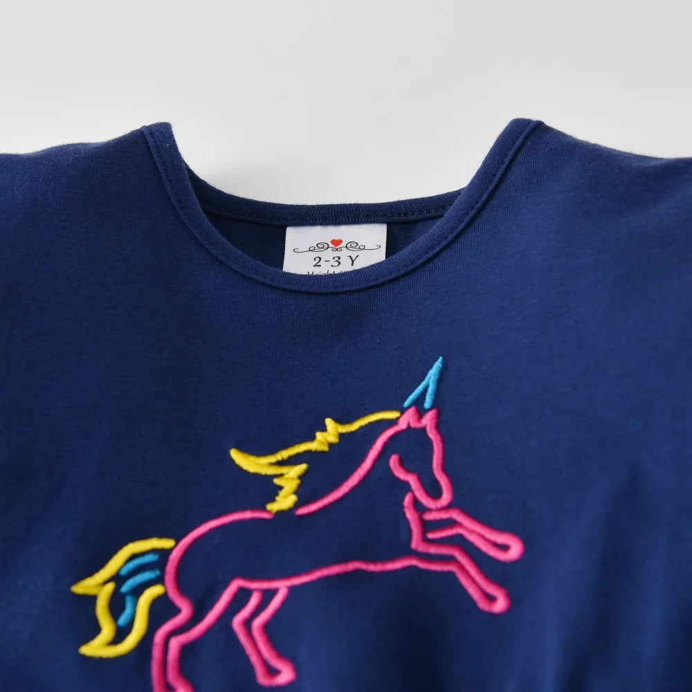 VIKITA Girls Navy Blue Long Sleeve Licorne Embroidery Autumn Spring Fashion Dress Kids Galaxy Starry Tulle Mesh Princess Dress