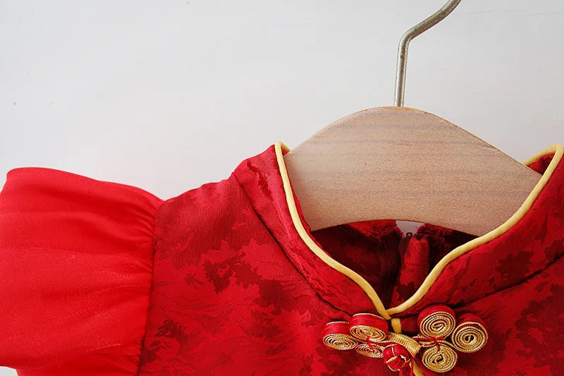 Summer New Chinese Retro Style Baby Girl Dress, Red Spring Festival Party Children'S Clothes Comes With Pendant (0 -3 Years）